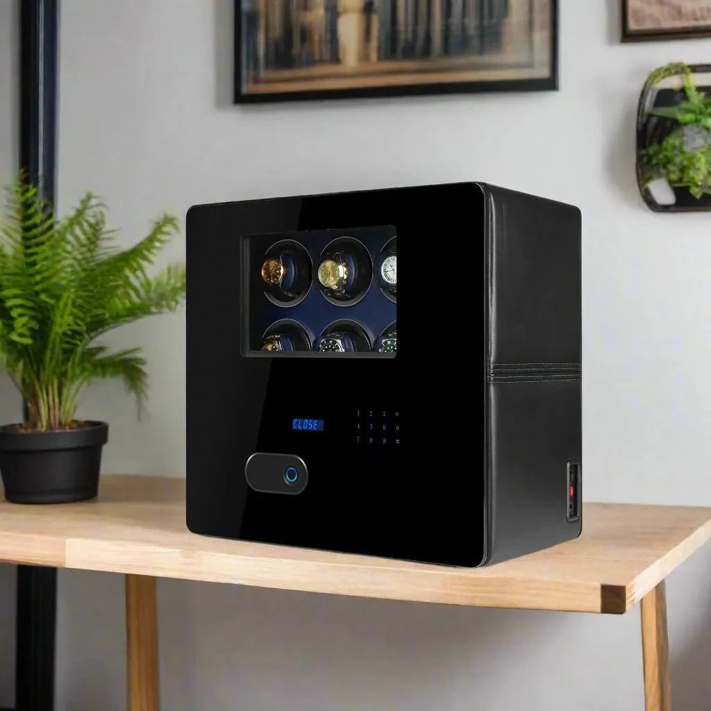 Watch Winder Safe in Black Leather with Blue Inside for 8 Watches by Aevitas