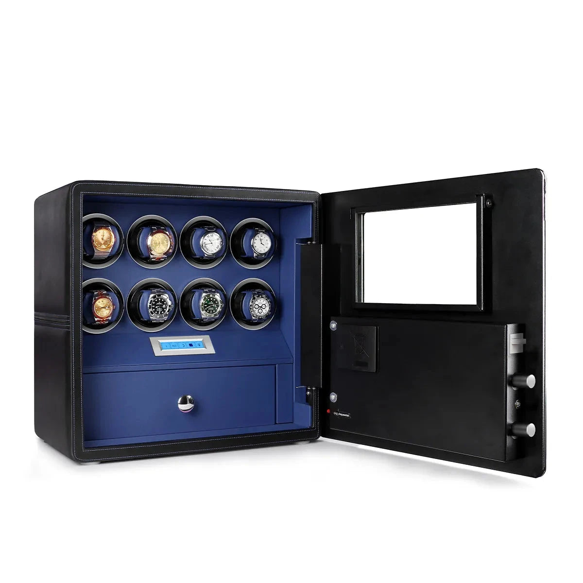 Watch Winder Safe in Black Leather with Blue Inside for 8 Watches by Aevitas