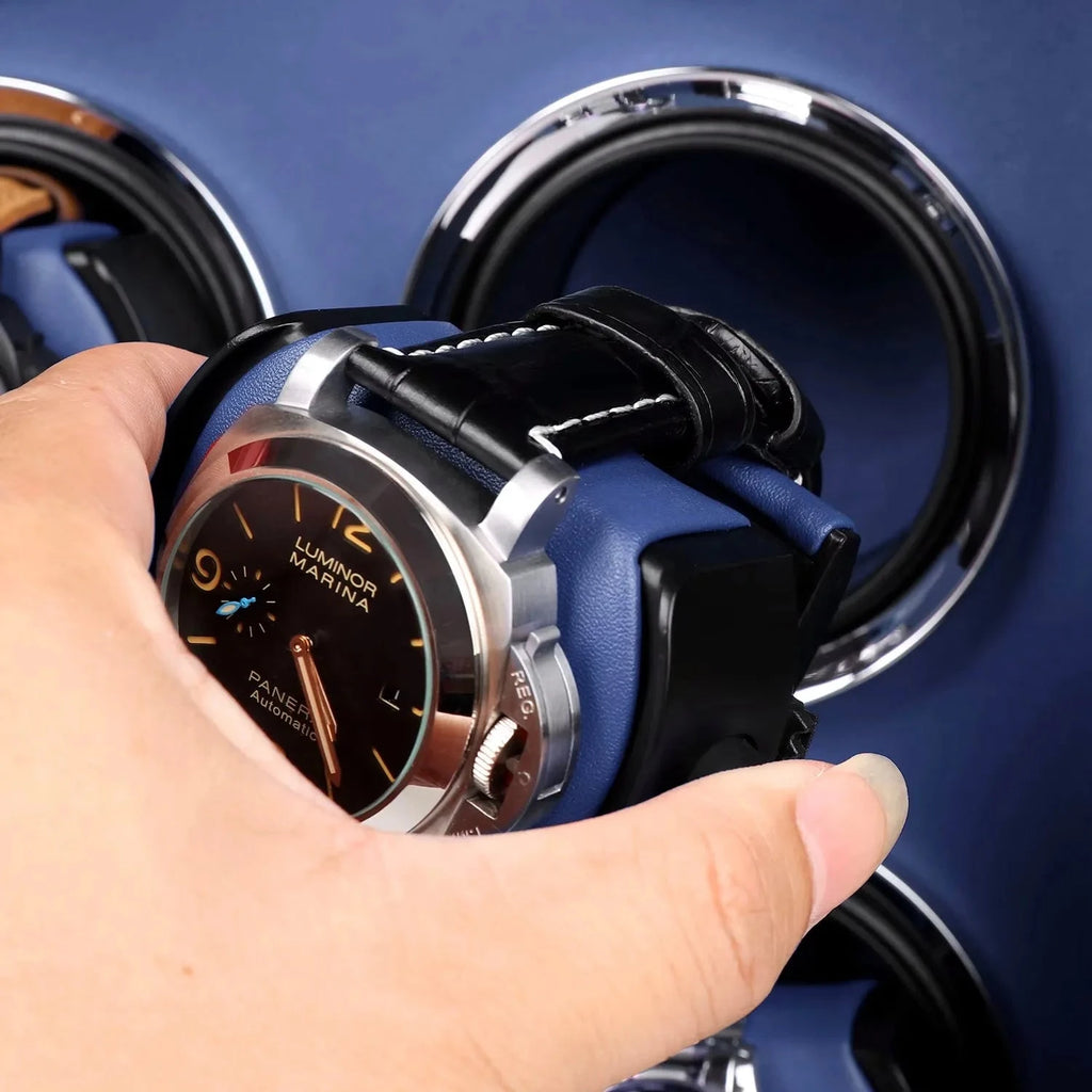 Watch Winder Safe in Black Leather with Blue Inside for 8 Watches by Aevitas
