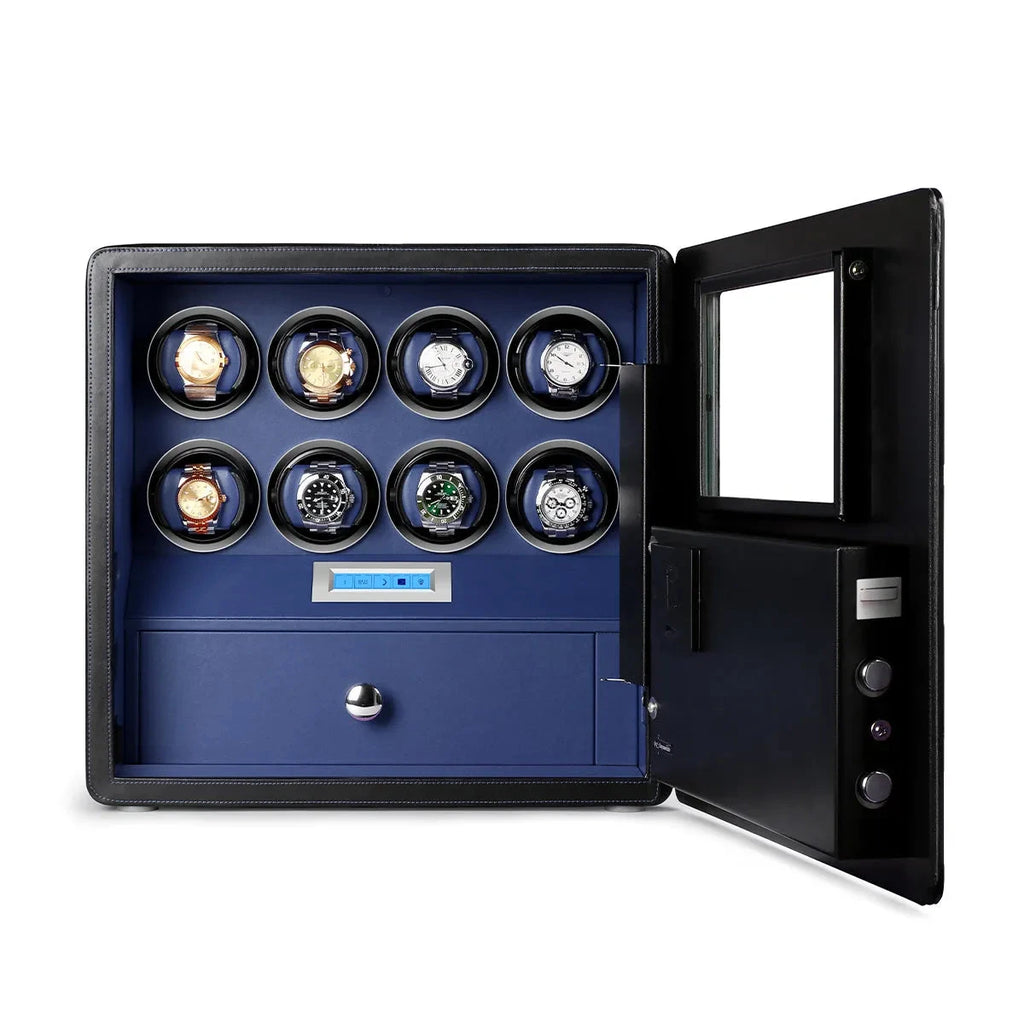 Watch Winder Safe in Black Leather with Blue Inside for 8 Watches by Aevitas