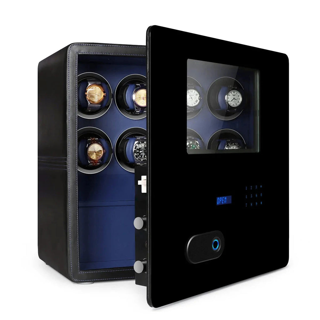 Watch Winder Safe in Black Leather with Blue Inside for 8 Watches by Aevitas