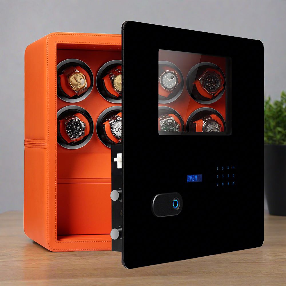 Watch Winder Safe in Orange Leather for 8 Watches by Aevitas