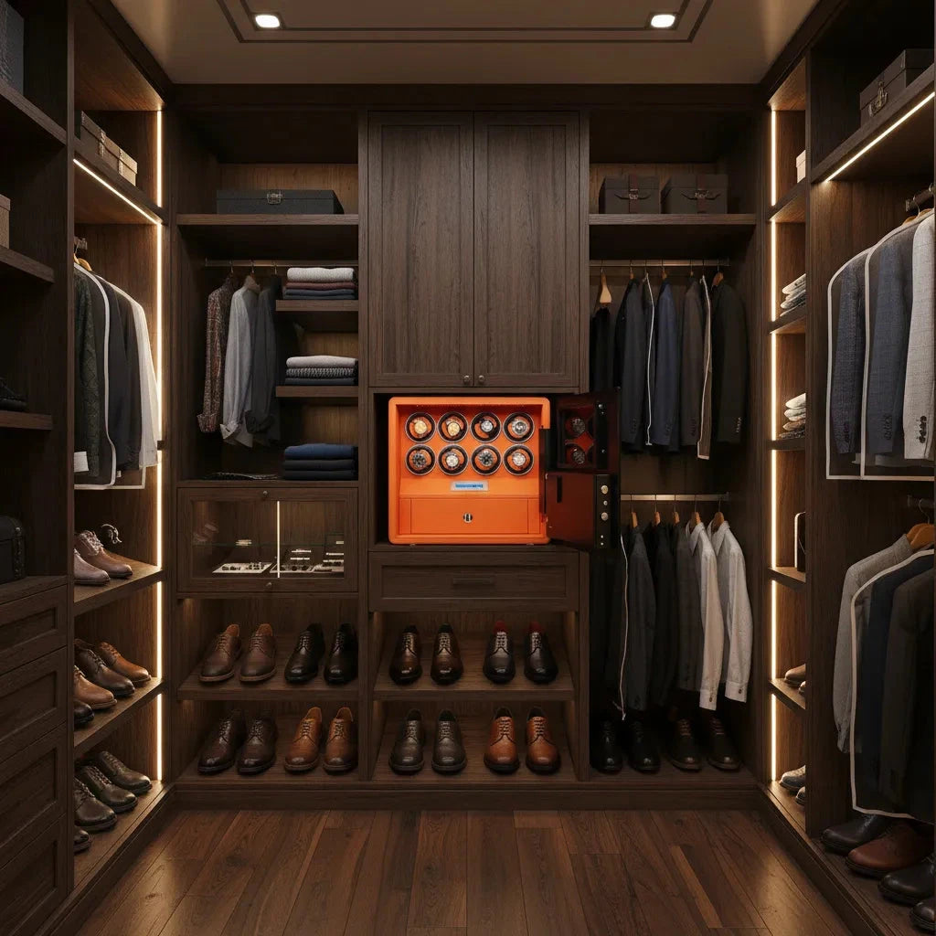 Watch Winder Safe in Orange Leather for 8 Watches by Aevitas