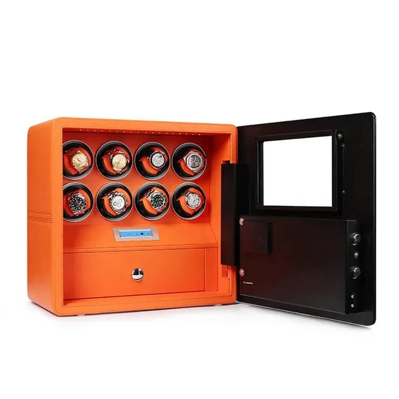 Watch Winder Safe in Orange Leather for 8 Watches by Aevitas