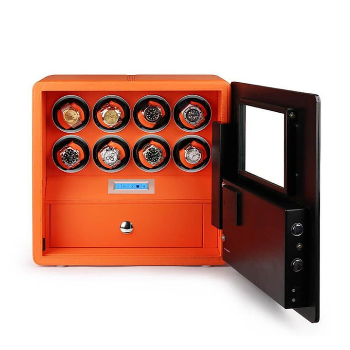 Watch Winder Safe in Orange Leather for 8 Watches by Aevitas