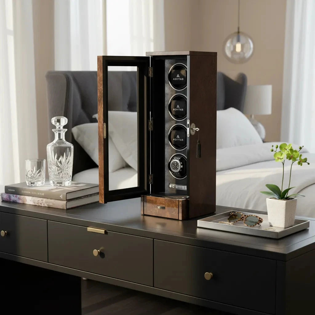 Watch Winder for 4 Automatic Watches Dark Burl Wood Finish Tower Series by Aevitas