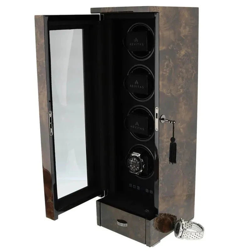 Watch Winder for 4 Automatic Watches Dark Burl Wood Finish Tower Series by Aevitas