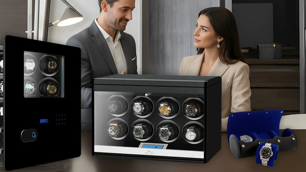 Watches in watch winder box display cases on a table with a man and woman in the background.