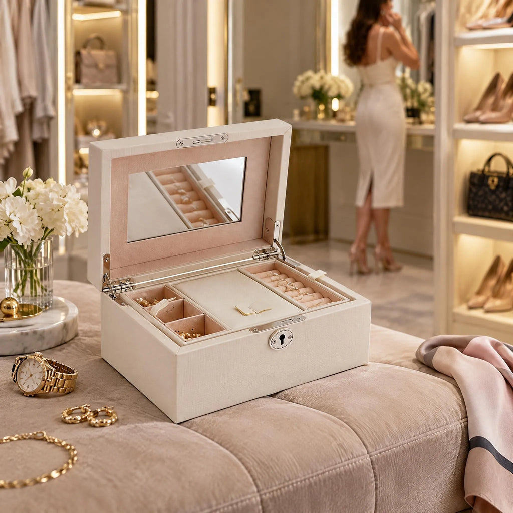 Compact ivory saffiano leather jewellery box with silver hardware placed on a plush velvet bench.