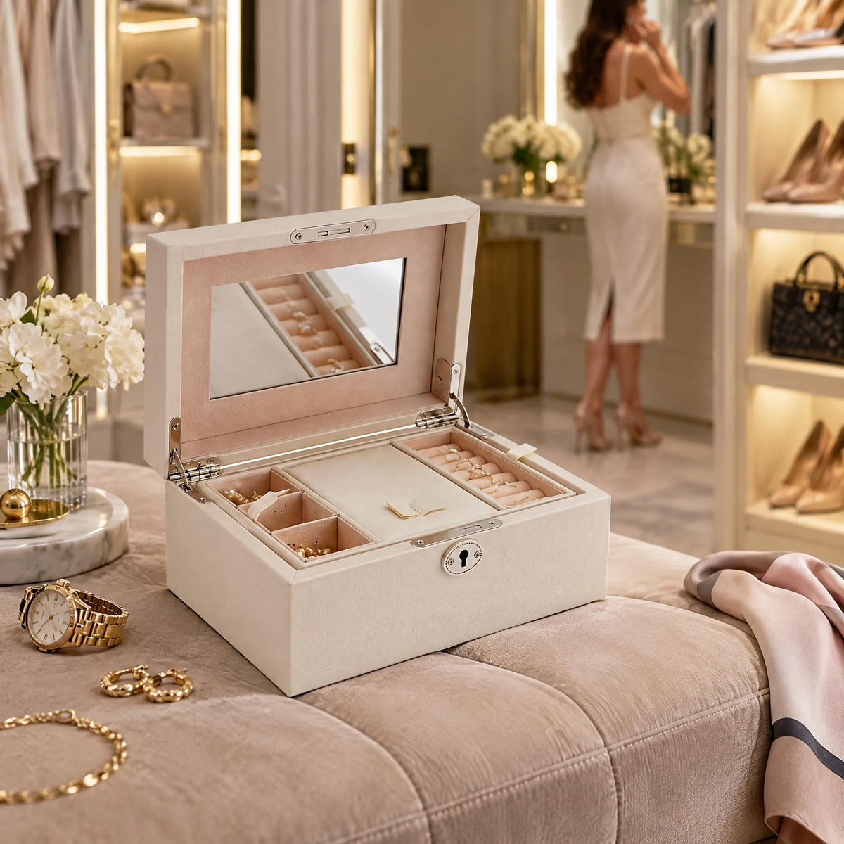 Compact ivory saffiano leather jewellery box with silver hardware placed on a plush velvet bench.