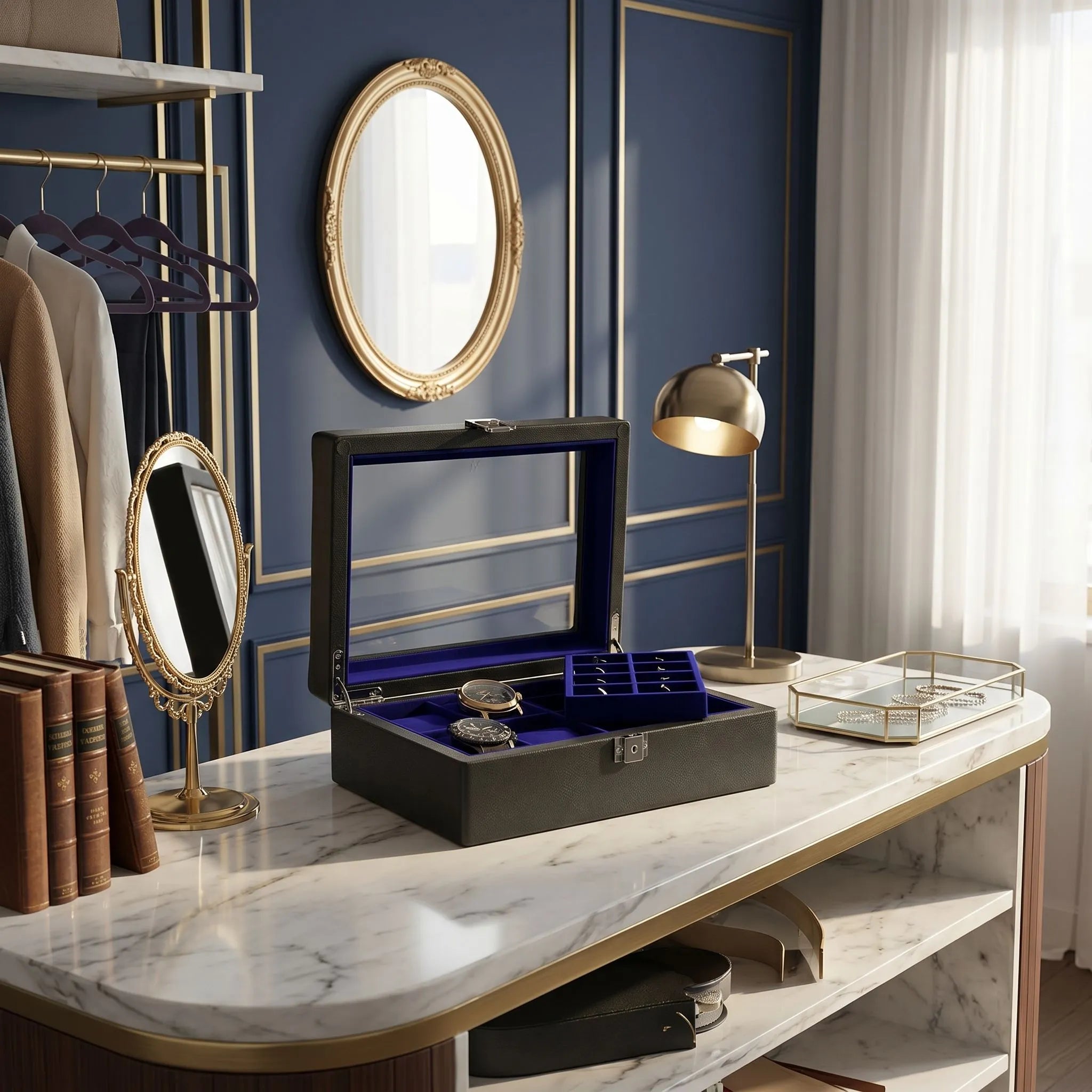 Black leather watch and cufflink box with glass lid, cushions, and chrome fittings displayed in a bright luxury walk-in dressing room.