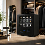 Spacious dressing room with natural daylight highlighting a black leather 12 watch winder safe on a neutral surface, complemented by stylish decor and accessories.