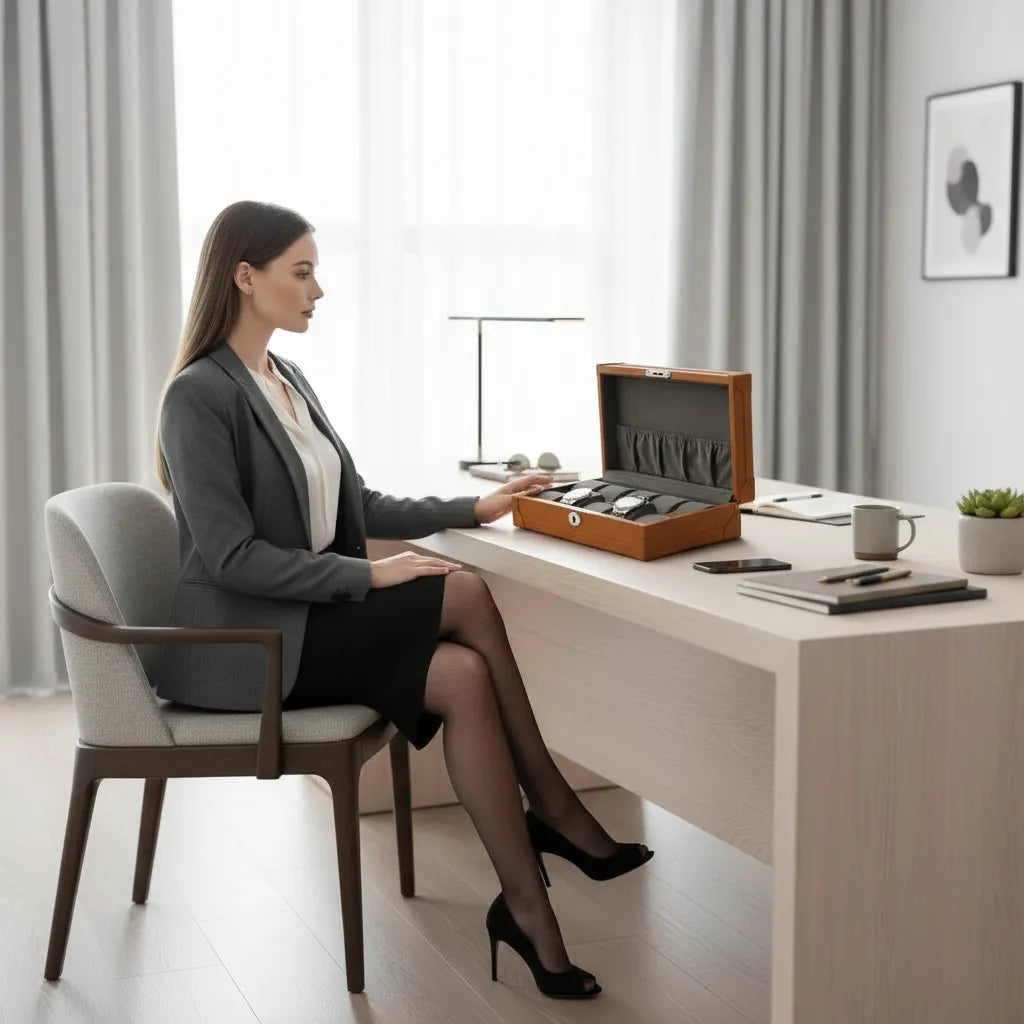 A woman in business attire opens the Aevitas 10 Watch Box in brown vegan leather with plush lining, revealing elegant timepieces. The modern office has neutral tones, a lamp, books, and a coffee cup on the desk.