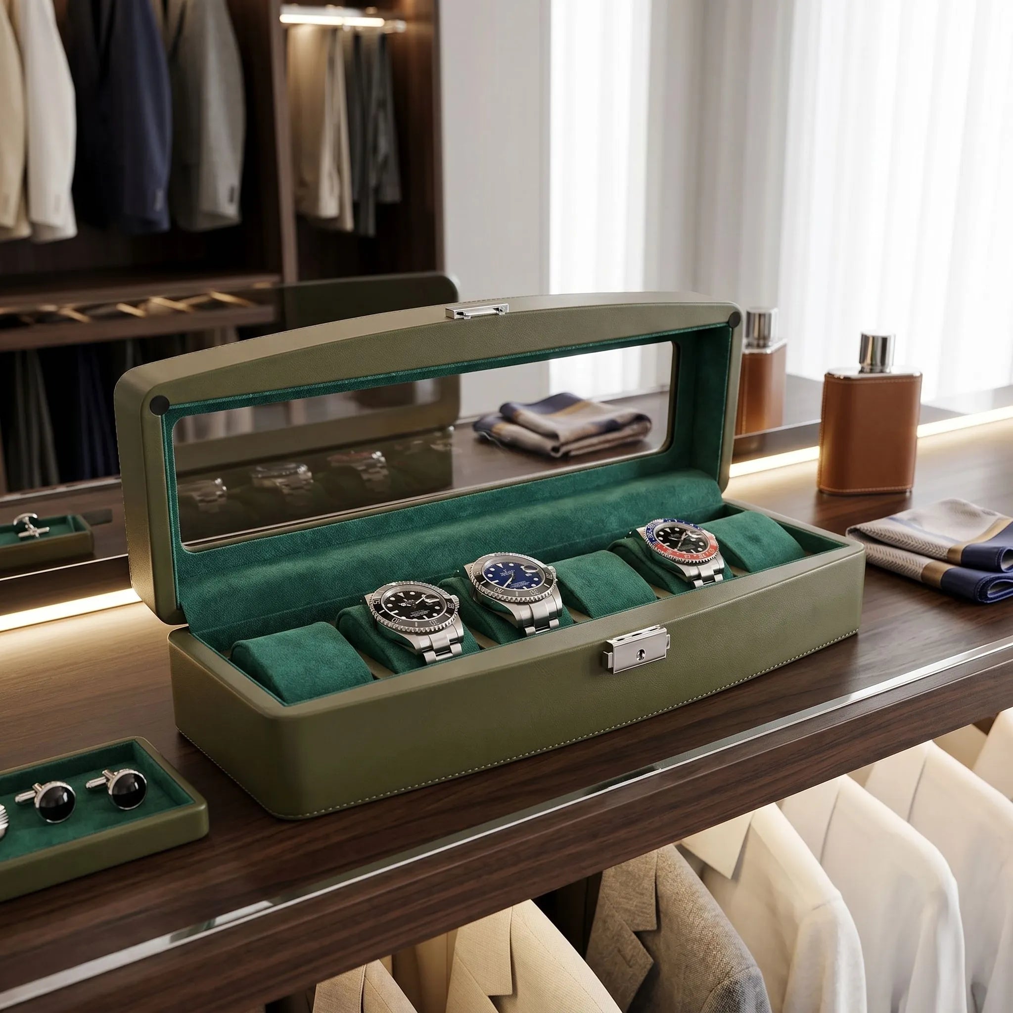 Luxurious green leather watch box with glass lid and metal trim in a modern dressing room scene.