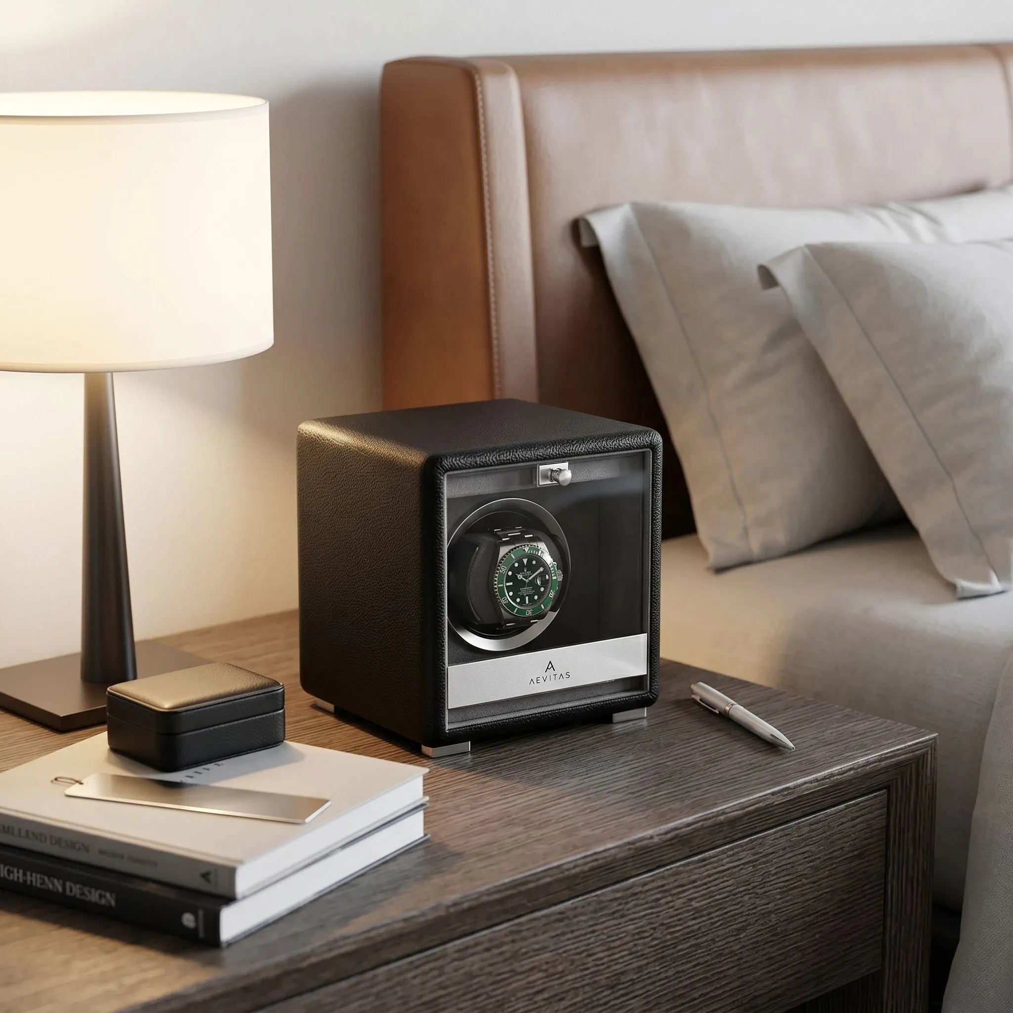 Premium Single Watch Winder Black Genuine Leather Mains Powered by Aevitas