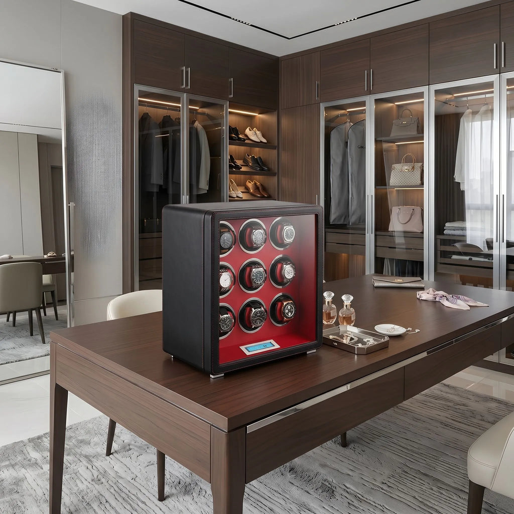 9 Watch Winder in Smooth Black Leather Finish by Aevitas UK