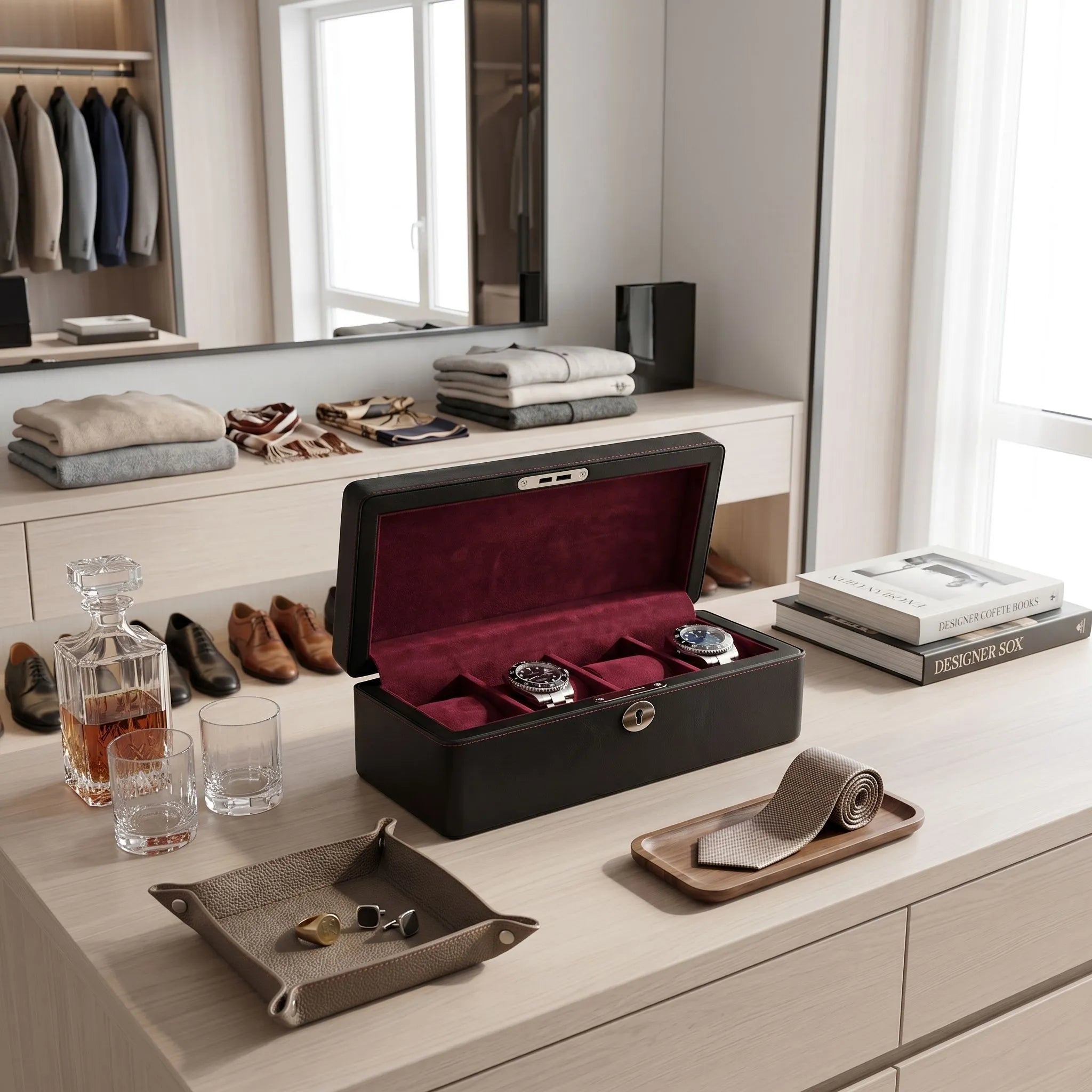 Elegant black vegan leather 4 watch box with chrome trim displayed in a bright, upscale walk-in closet surrounded by jewelry trays and designer shoes.