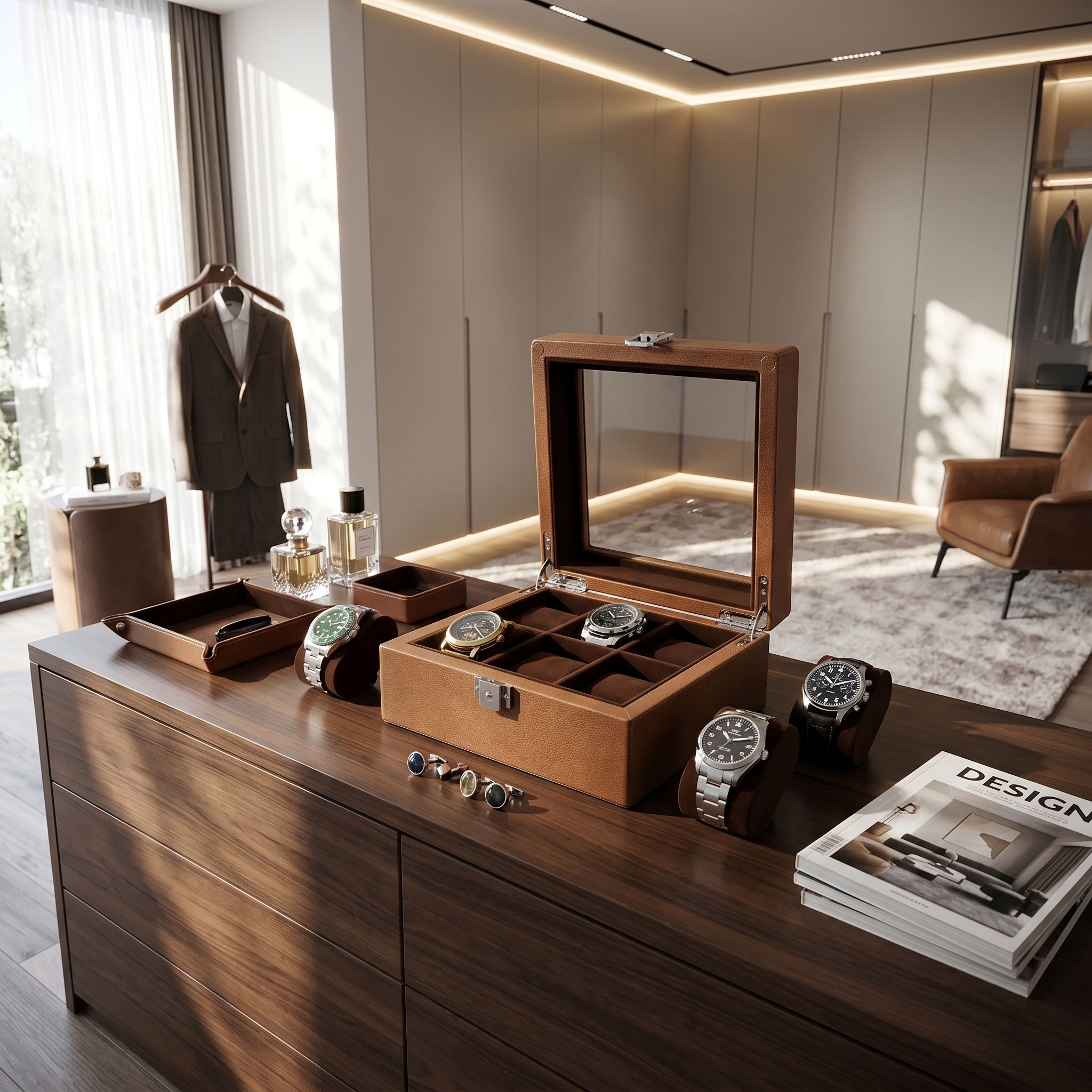 Elegant brown leather watch and cufflink box by Aevitas in a luxurious walk-in dressing room with accessories and warm lighting.
