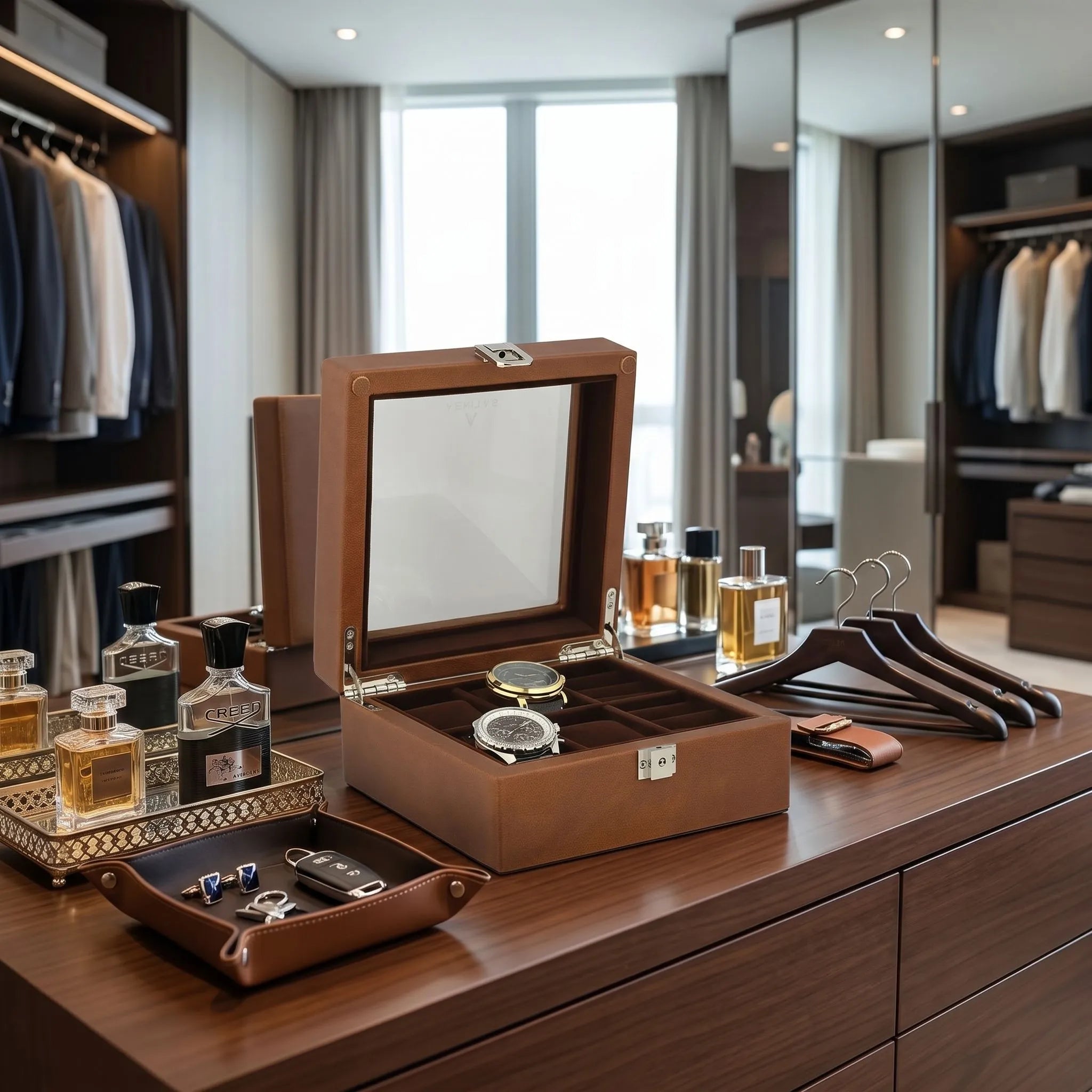 Elegant brown leather watch box with glass lid and cufflink compartments in a bright modern dressing room