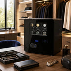 Black edition watch winder safe for 8 watches showcased on a wooden vanity in a luxurious walk-in dressing room with accessories and a velvet chair.