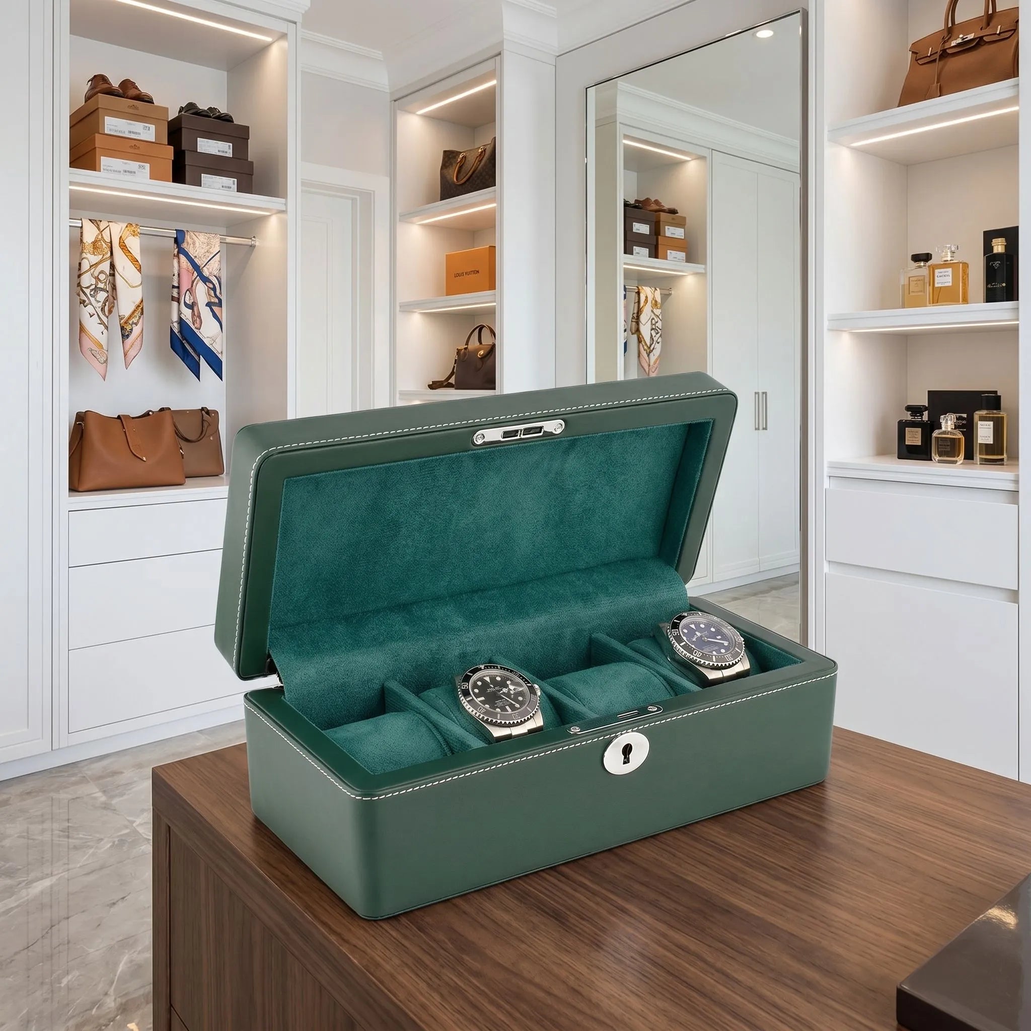 High-resolution view of the green leather 4-watch box by Aevitas in a bright modern walk-in dressing room, highlighting its fine texture and elegant design.