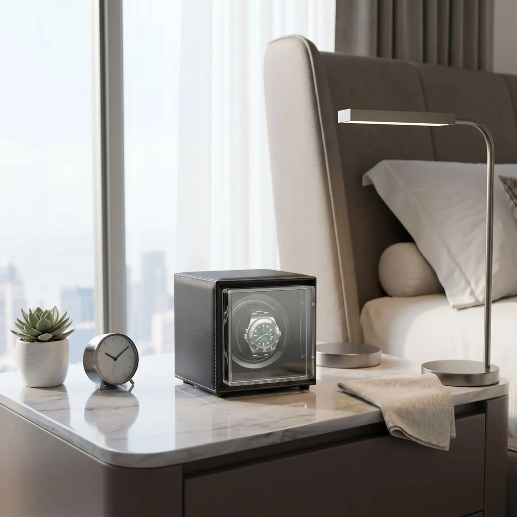 Single Watch Winder Black Leather White Stitching Mains or Battery by Aevitas