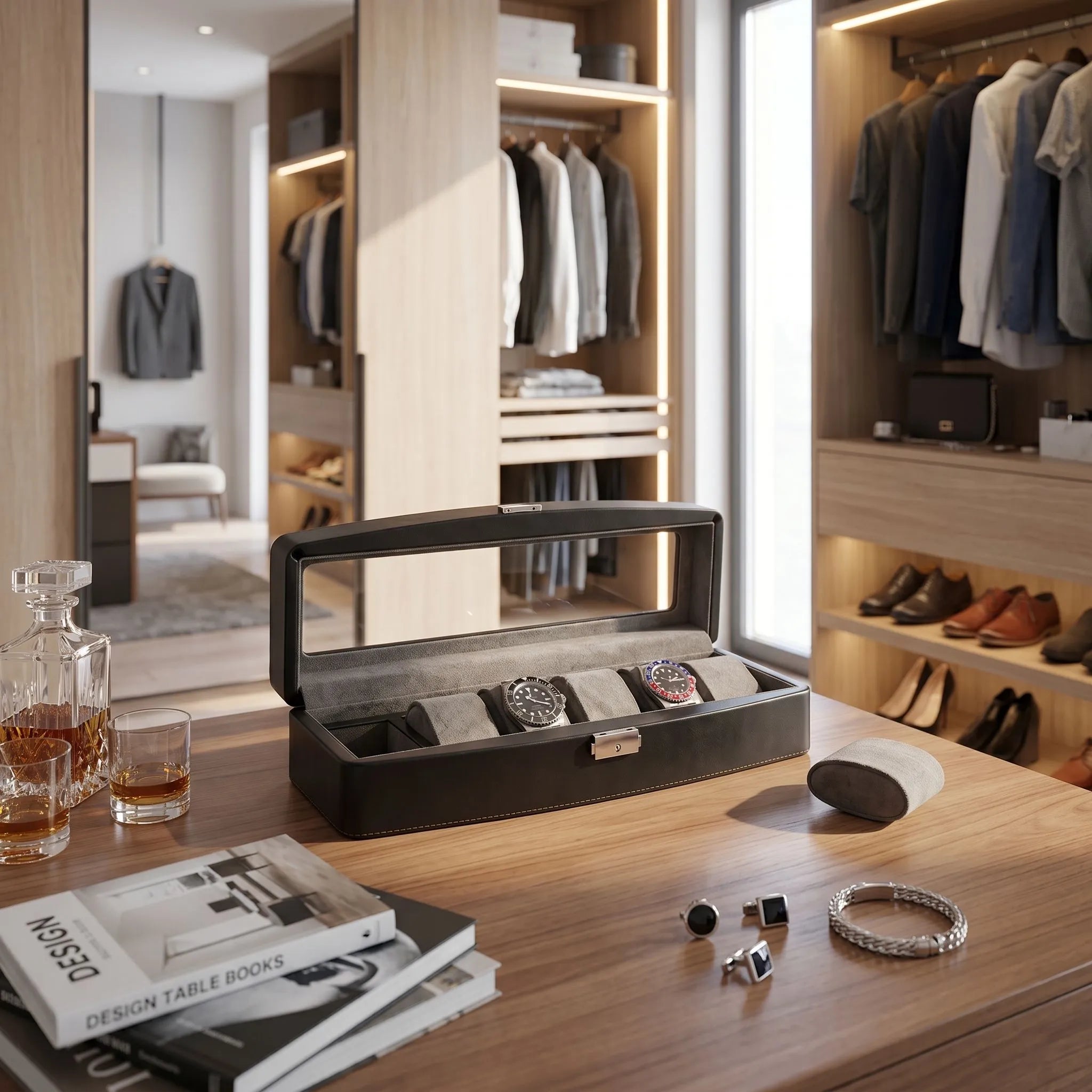 Elegant black leather watch box with glass lid and chrome accents, displayed in a bright modern walk-in closet with stylish props and accessories.