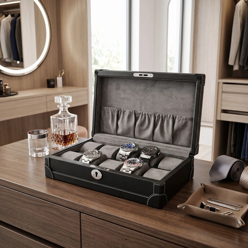 Open 10 Watch Box in black vegan leather with plush cushions and chrome fittings in a bright, luxurious walk-in dressing room setting.