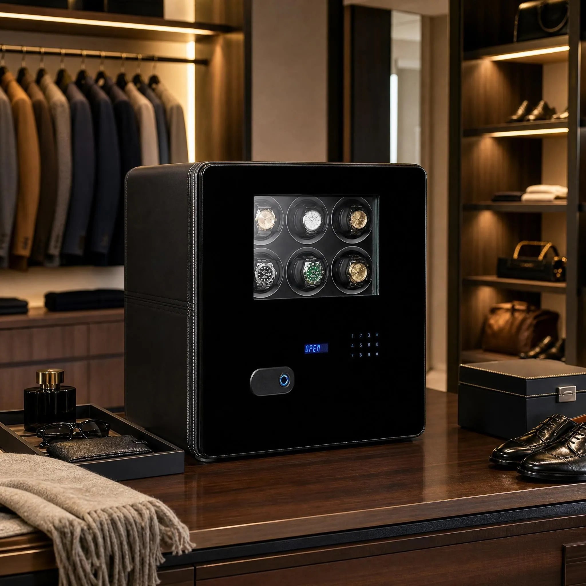 Modern walk-in dressing room featuring a luxury 12 watch winder safe in black leather with contrast stitching, surrounded by elegant fashion accessories.