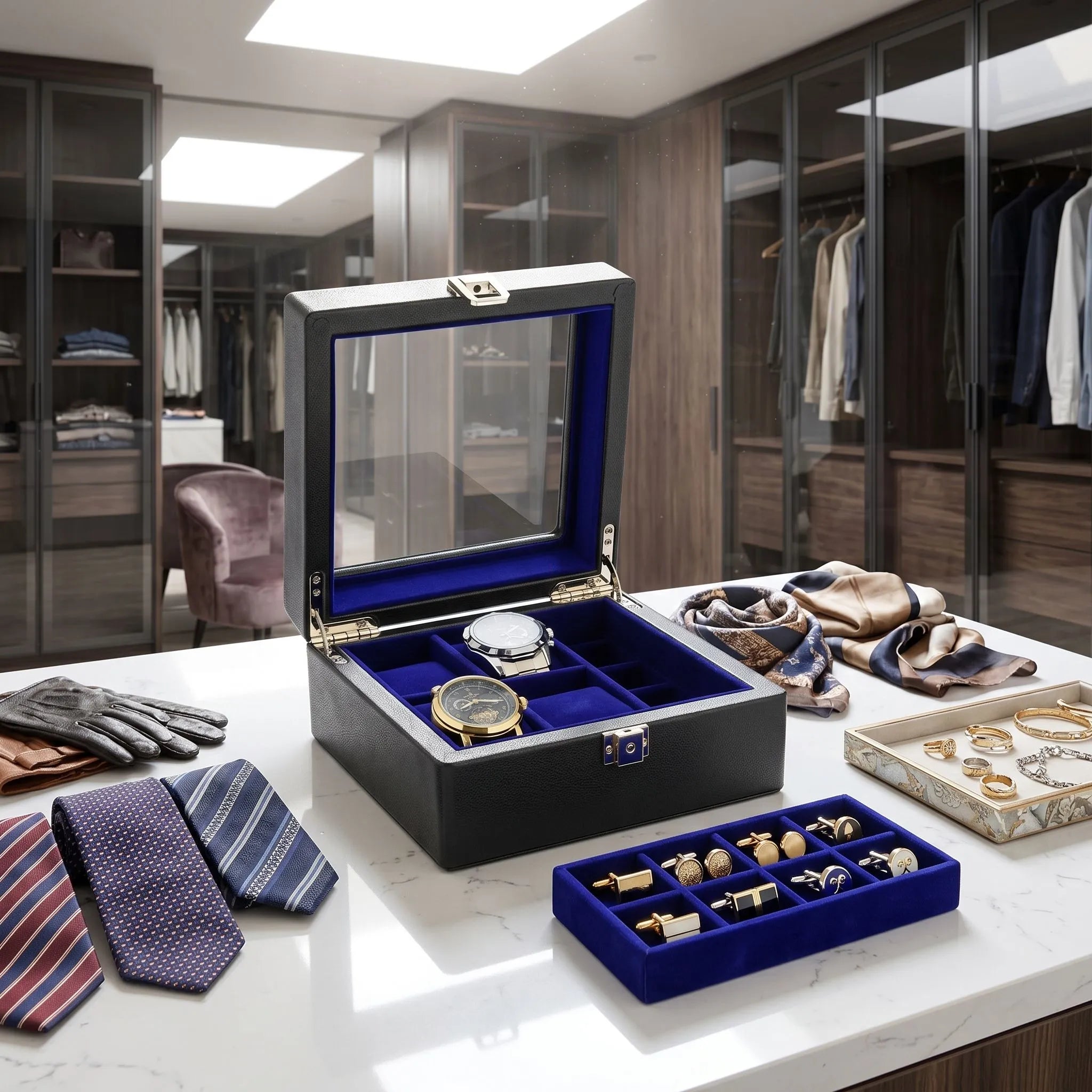 Elegant black leather watch and cufflink box by Aevitas displayed in a luxurious walk-in dressing room with fashion props and natural bright lighting.