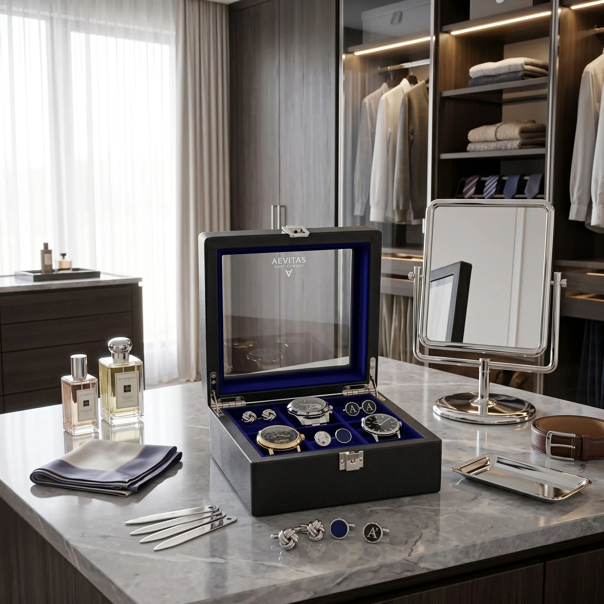 Elegant black leather watch and cufflink box with blue velvet lining, showcased in a bright modern walk-in dressing room setting.