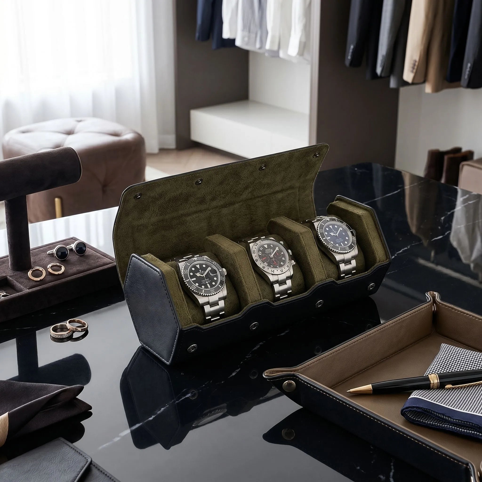 Black Nappa leather watch roll case with green lining in a modern walk-in dressing room scene, surrounded by elegant accessories.