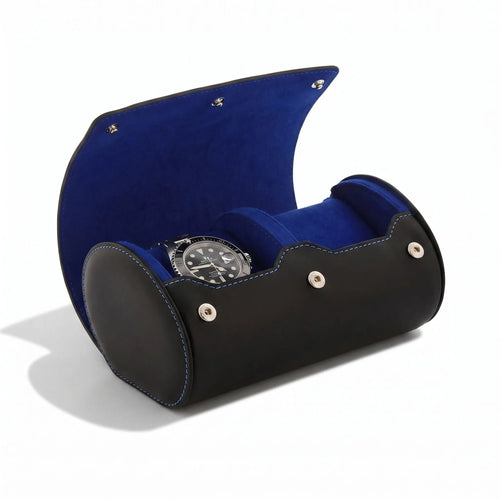 Close-up of premium black Nappa leather watch roll with blue lining, showcasing fine stitching and leather texture for luxury watch storage.