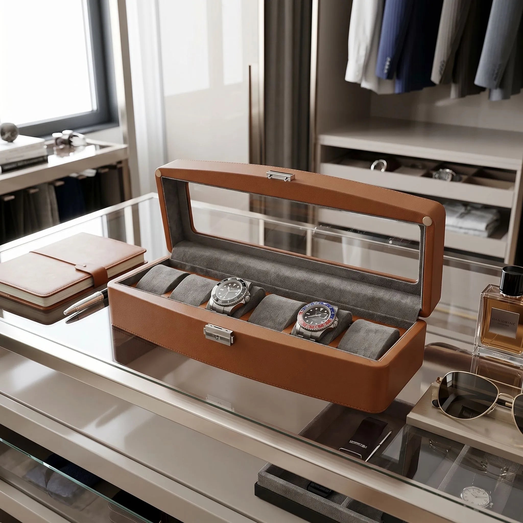 Elegant brown leather watch box with glass lid, lock, and 6 watch cushions displayed in a luxurious dressing room setting.