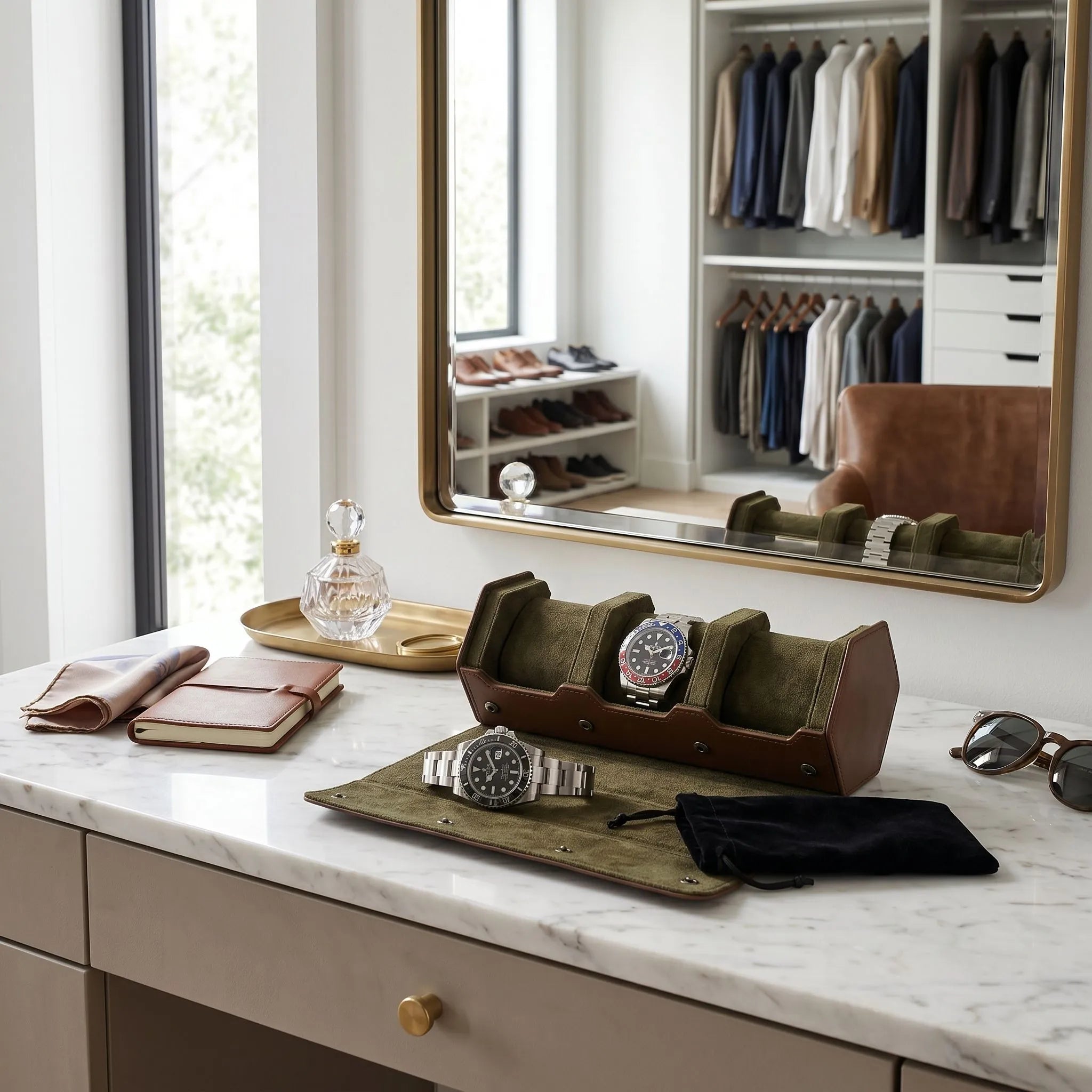 Elegant brown Nappa leather watch travel case with green lining holding three watches in a bright modern dressing room setting.