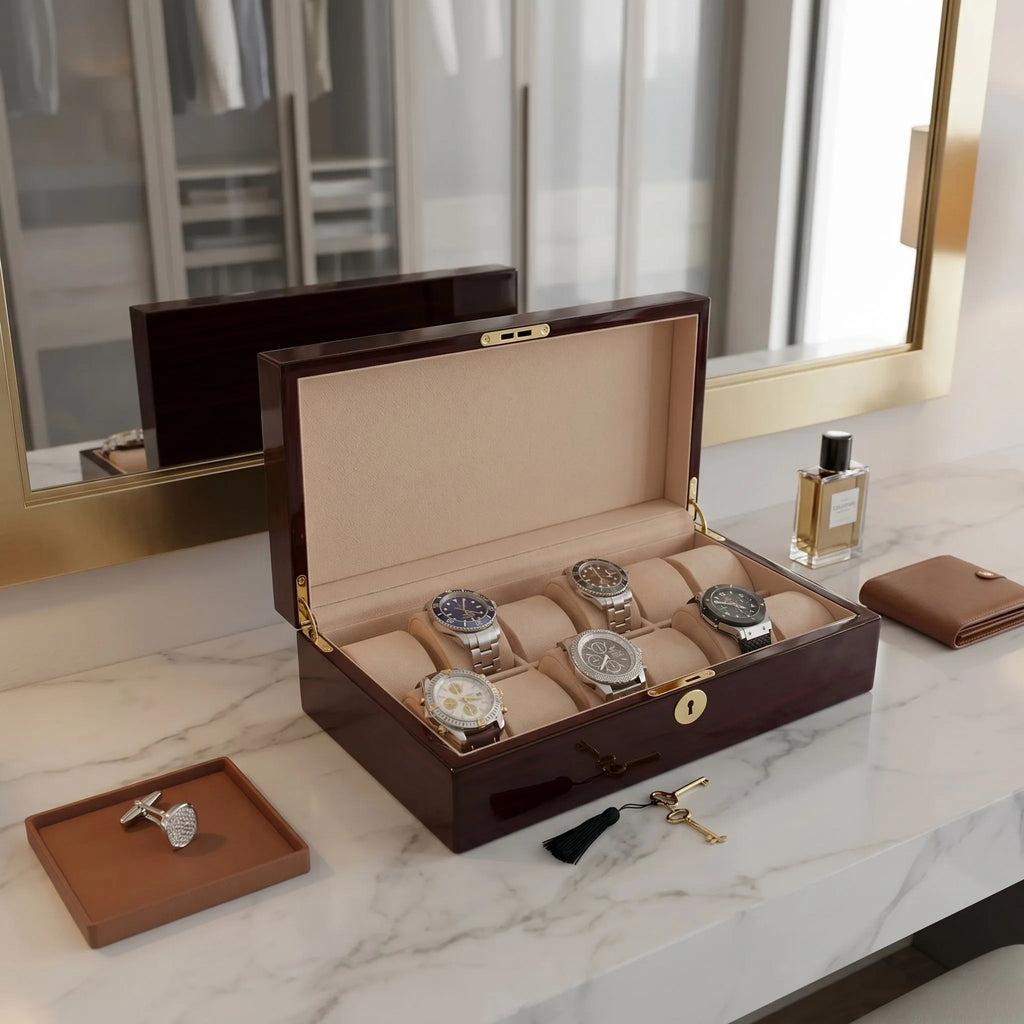 Premium 12 Watch Box in Cherry Wood Piano Gloss Finish with Luxury Lining