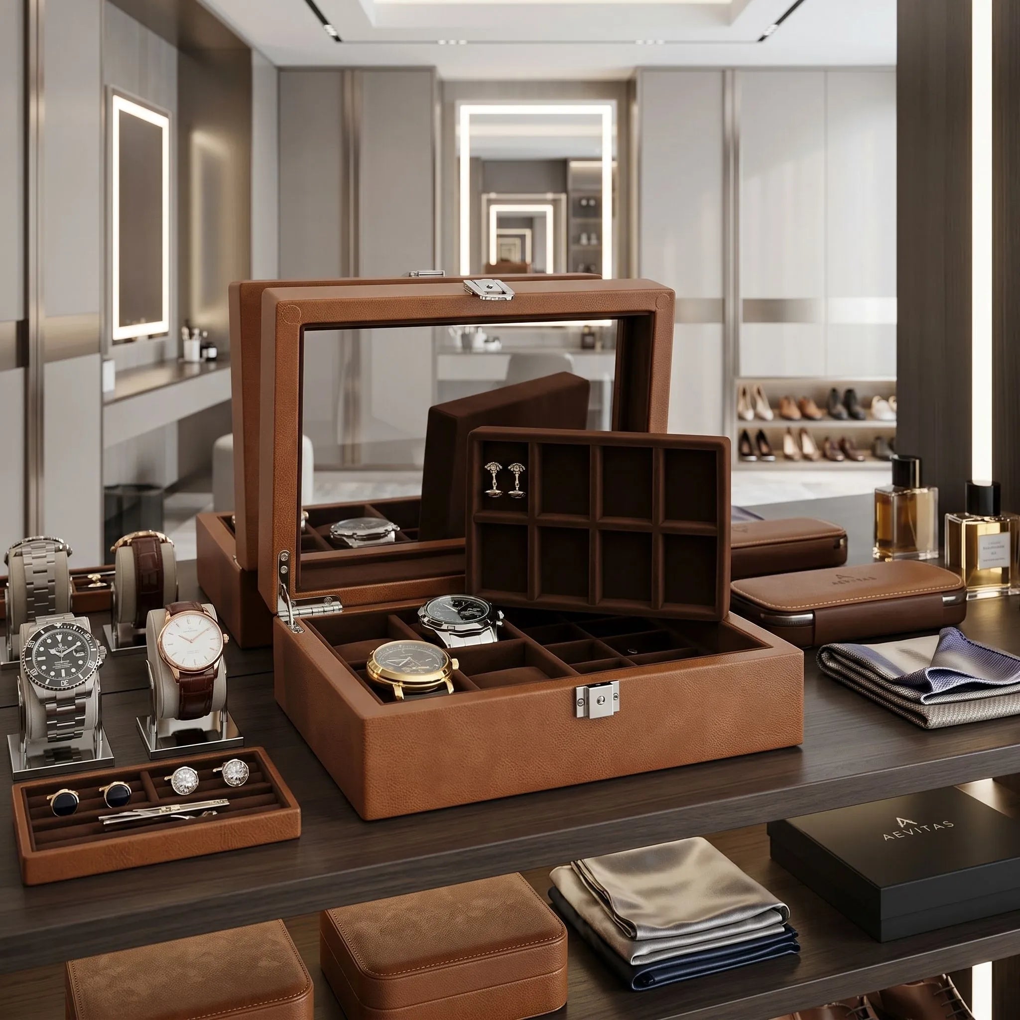 Cognac brown leather watch and cufflink storage box displayed in a bright, modern walk-in dressing room with elegant accessories and decor.