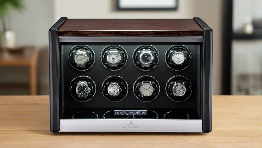 Premium 8 Watch Winder in Dark Walnut Wood with Piano Lacquer by Aevitas