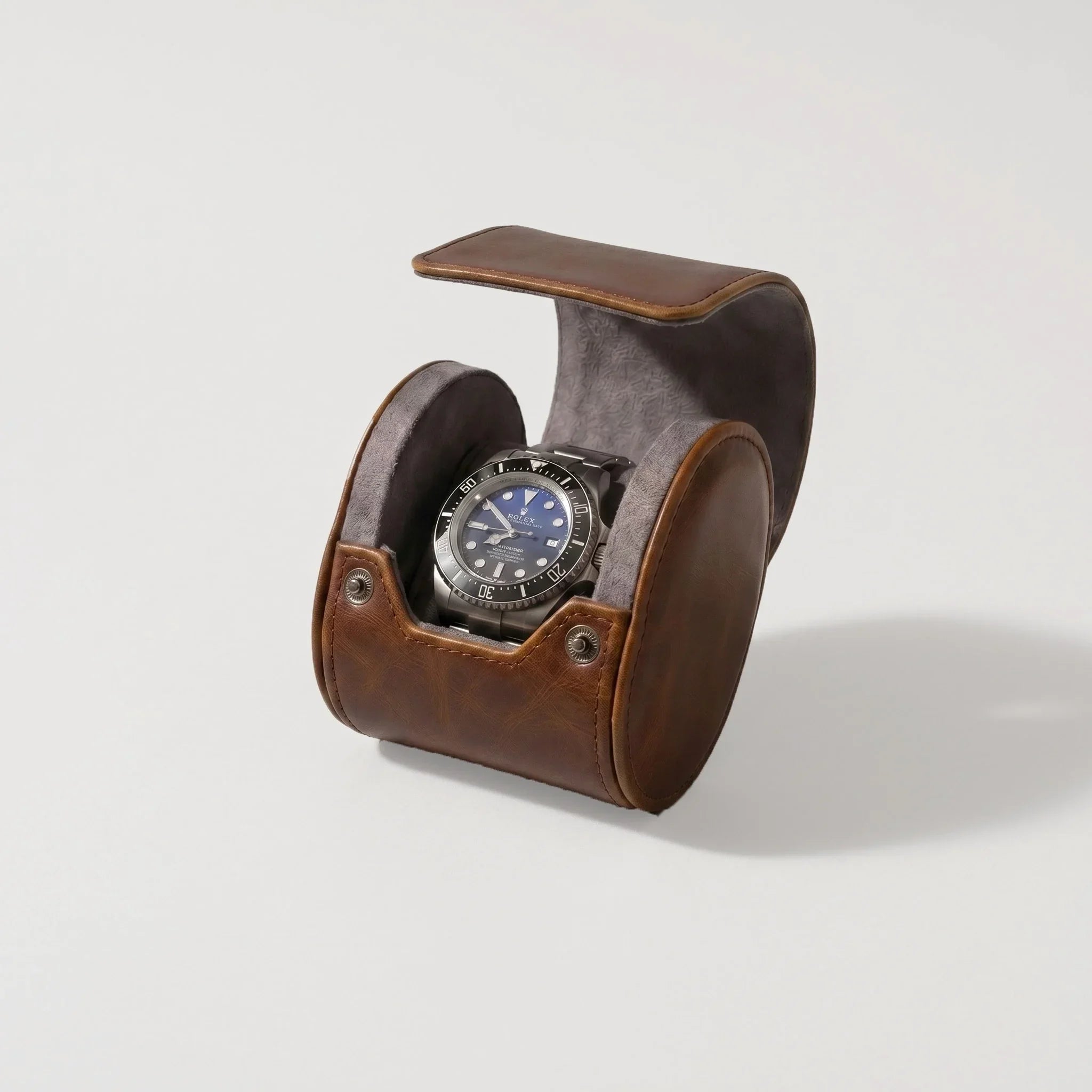 Premium Single Watch Roll Vintage Brown Leather Super Soft Grey Suede Lining