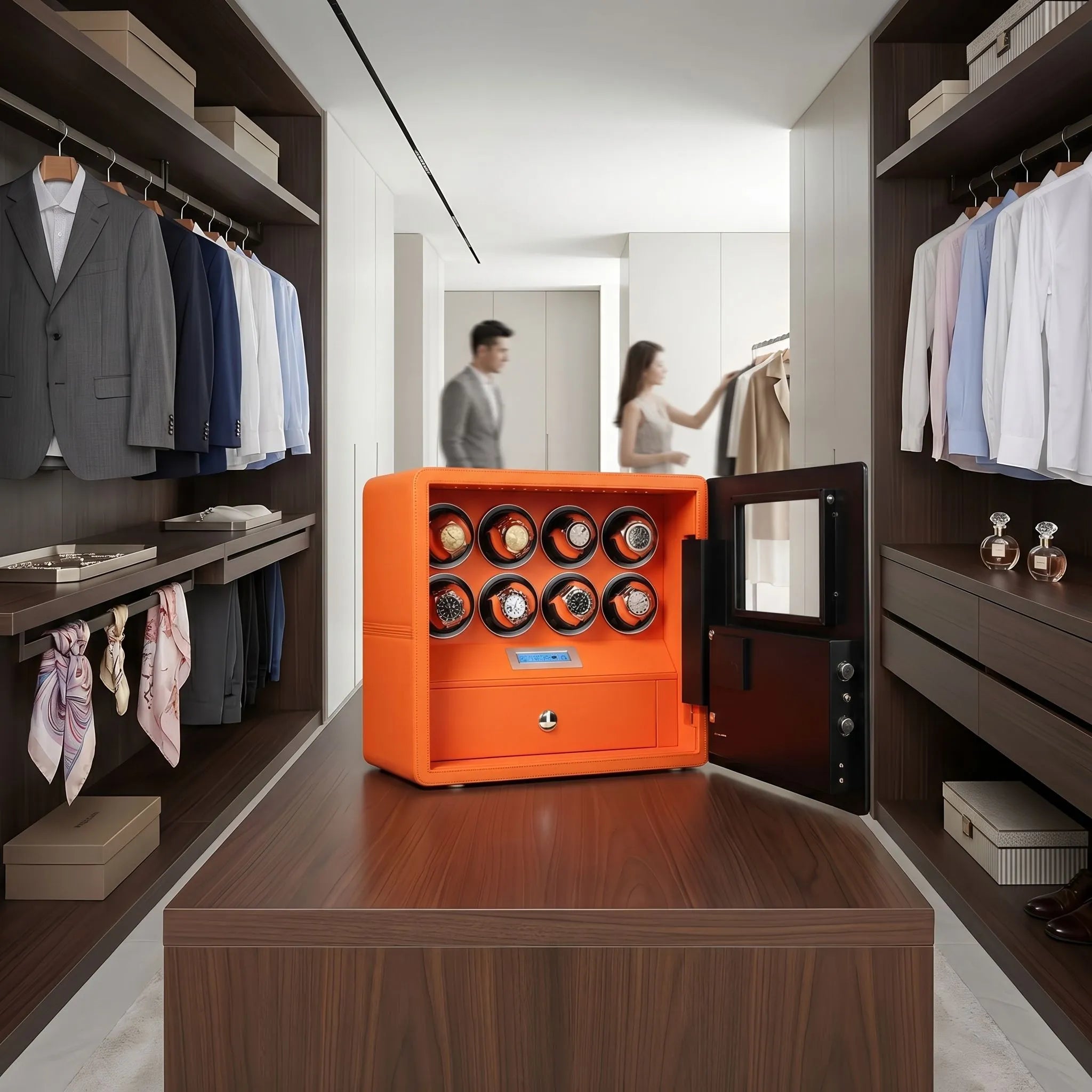 Watch Winder Safe in Orange Leather for 8 Watches by Aevitas