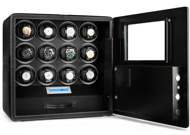 12 Watch Winder Safe Luxury Black Leather with Contrast Stitching by Aevitas