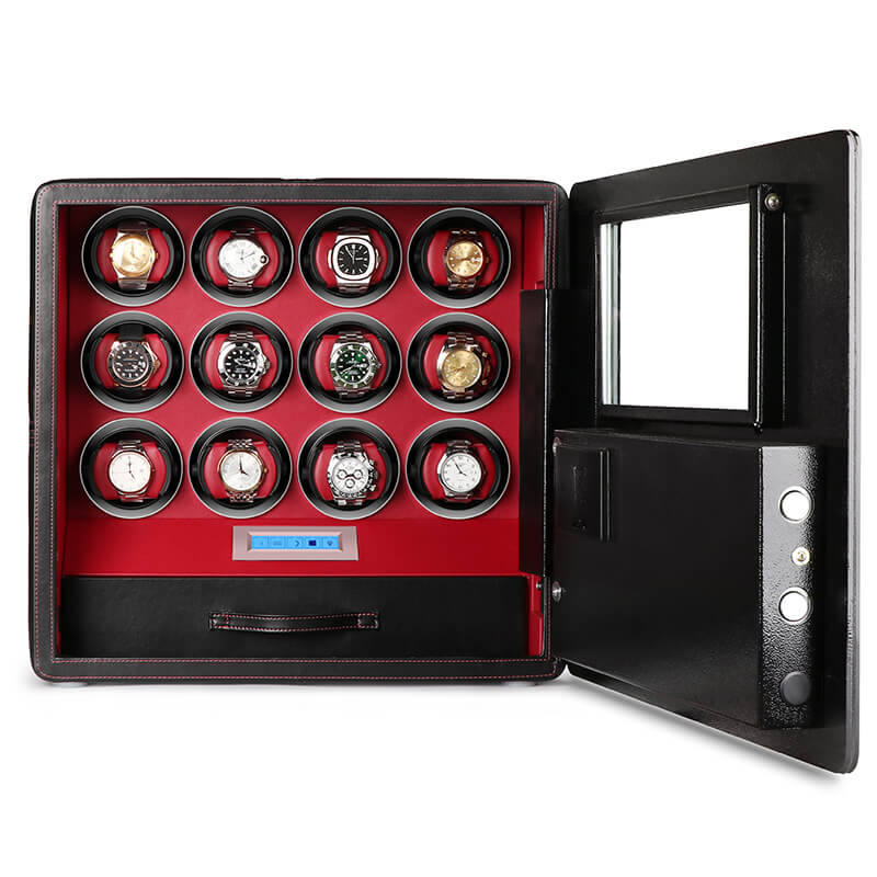 12 Watch Winder Safe Luxury Black Leather with Red Interior by Aevitas