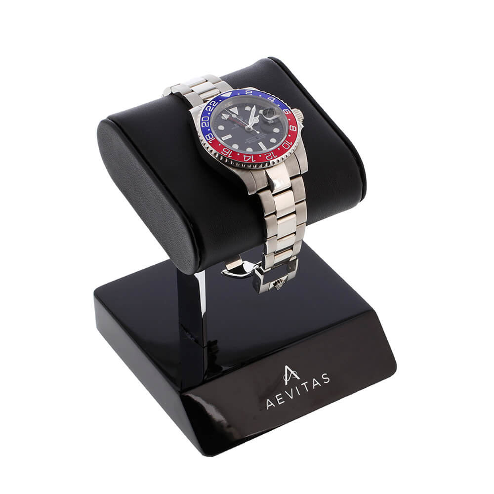 Aevitas Watch Stand Piano Black with Black Real Leather Watch Holder 50% Off