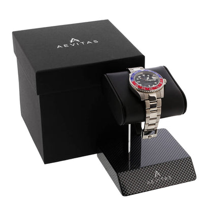 Carbon Fibre Watch Stand with Black Genuine Leather Holder by Aevitas 50% Off