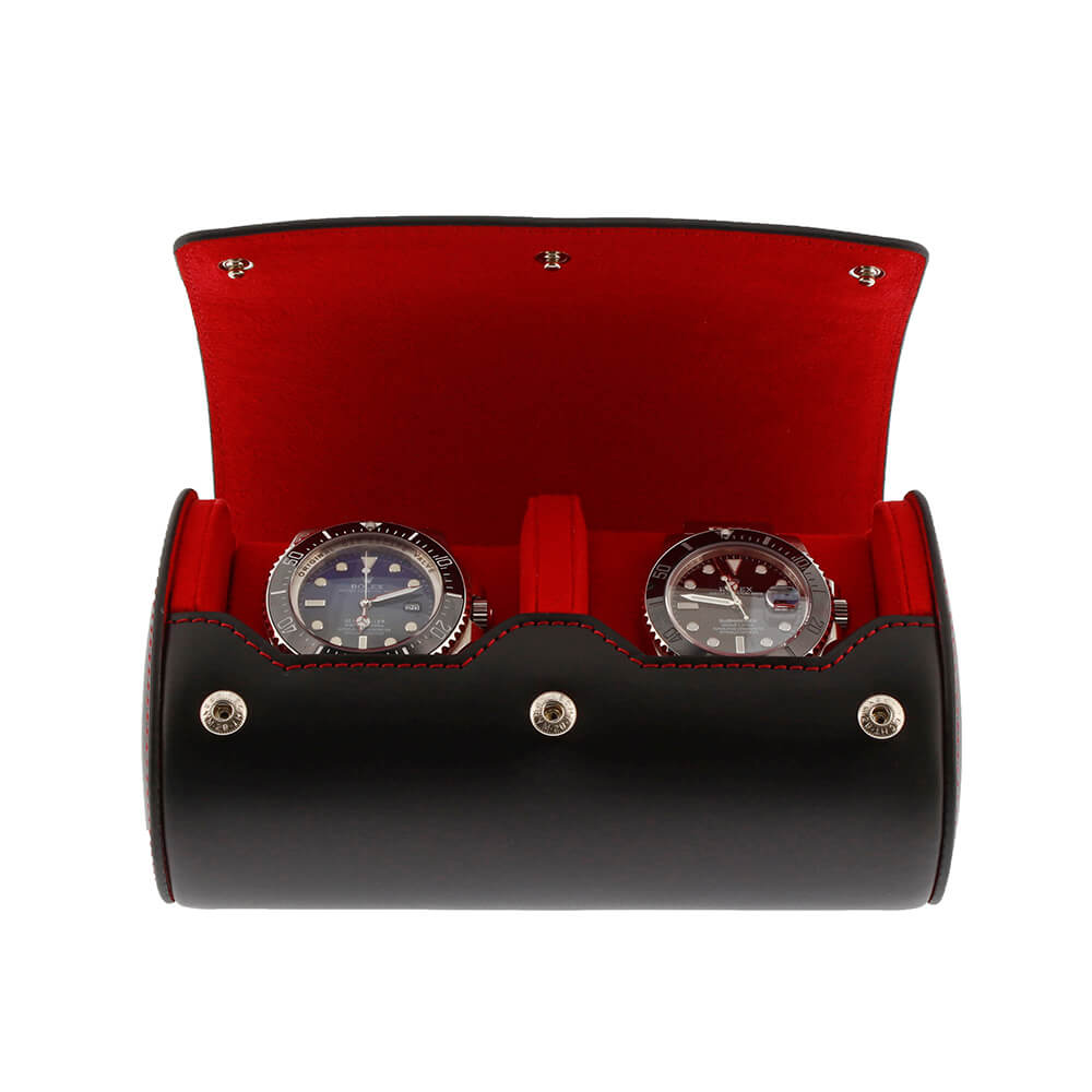Double Watch Roll Case Premium Black Nappa Leather with Red Lining by Aevitas