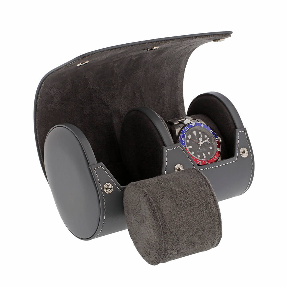 Double Watch Roll in Smooth Grey Leather with Super Soft Lining