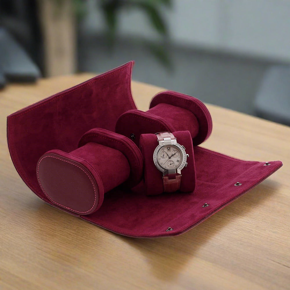 Premium Ladies 3 Watch Roll Claret Red Saffiano Leather with Soft Lining
