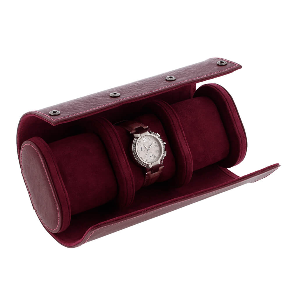 Premium Ladies 3 Watch Roll Claret Red Saffiano Leather with Soft Lining