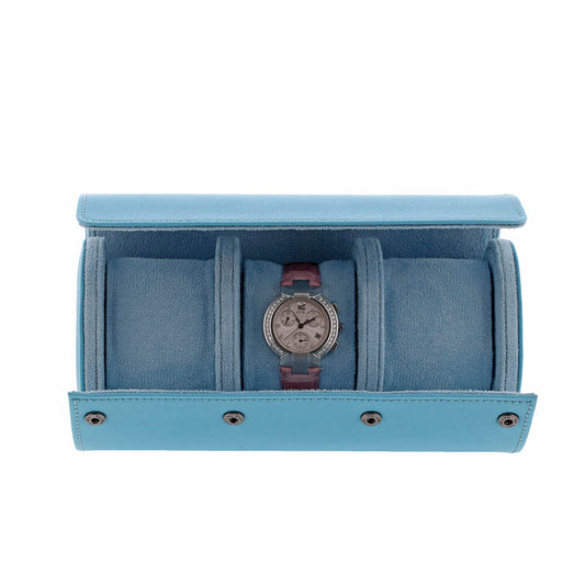 Premium Ladies 3 Watch Roll in Blue Saffiano Leather with Soft Lining