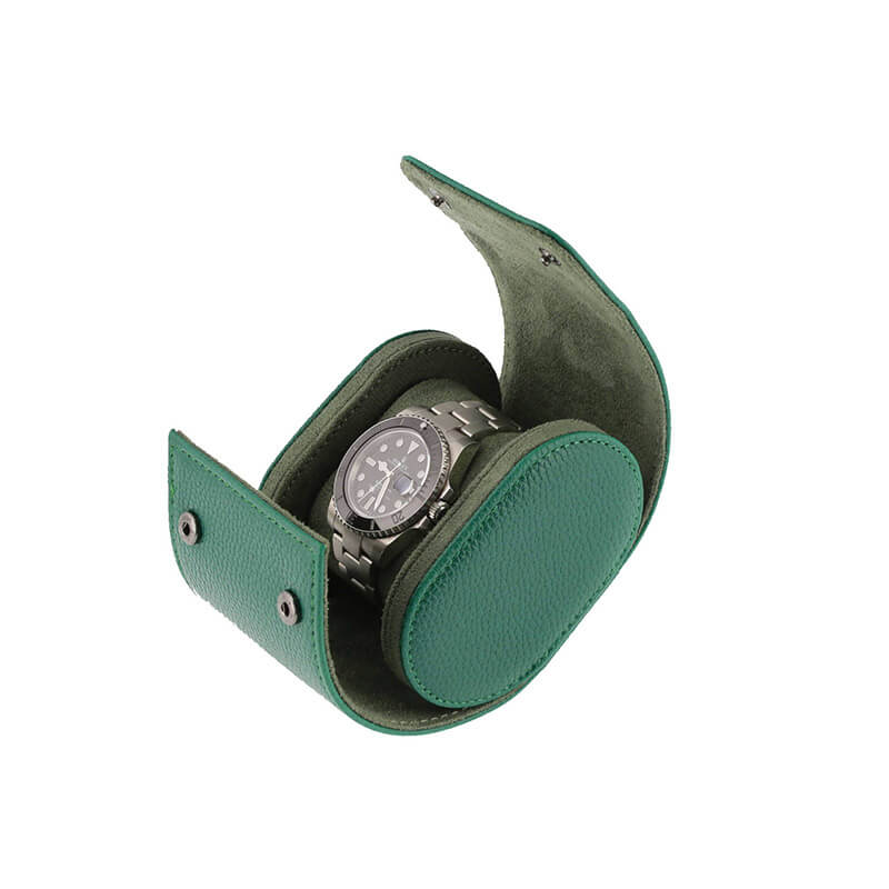 Premium Single Watch Roll Green Leather with Super Soft Suede Lining